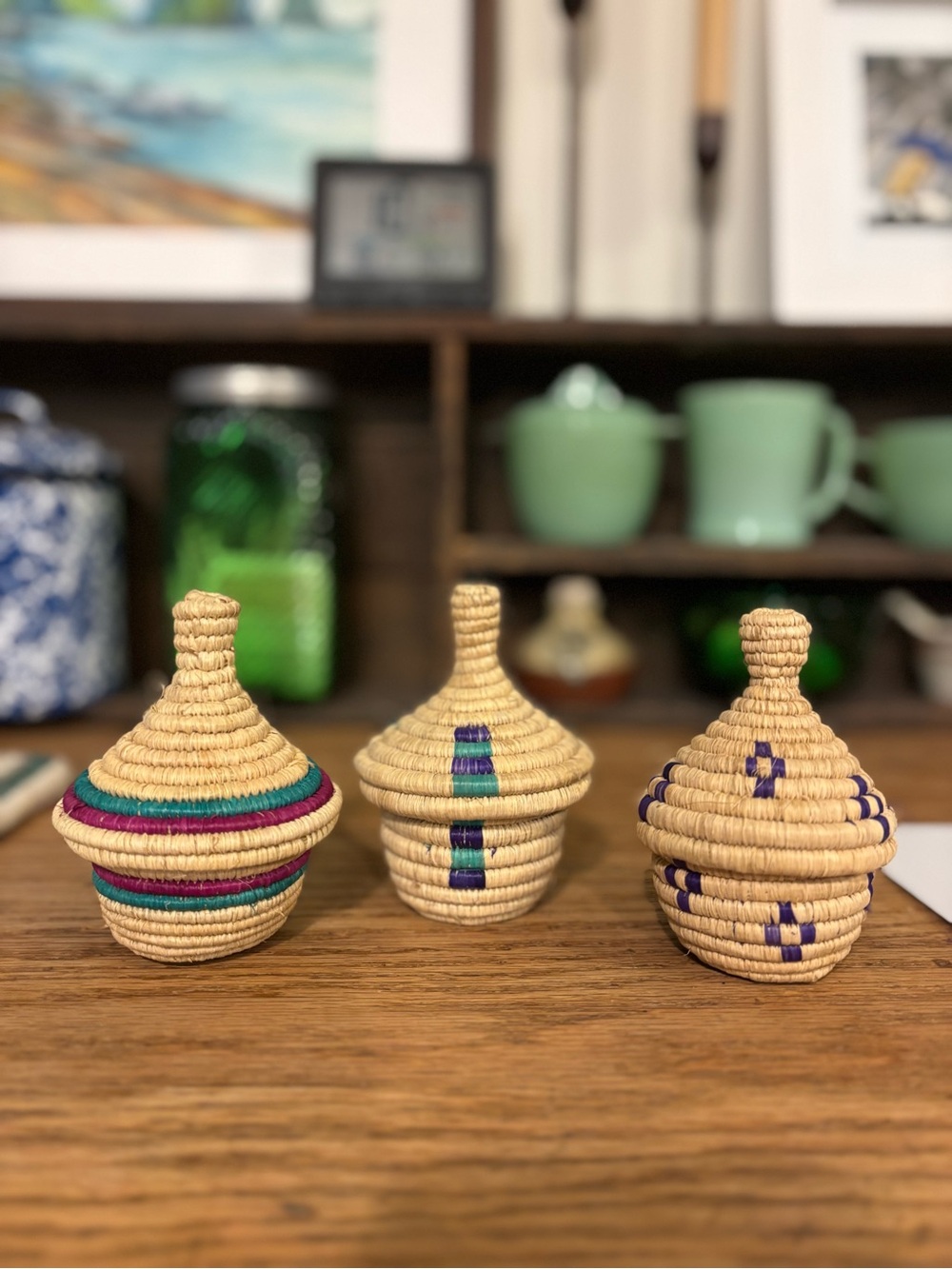 Handwoven Natural Straw Lidded Basket - Multicolor Accent